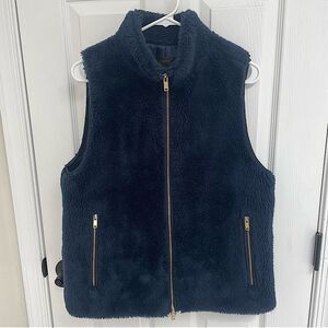 J Crew Faux Fur Plush Fleece Full Zip Navy Blue Vest Gold Accents Women‘s Size M